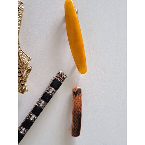 Set Of 4 Vtg Hair Barrettes Gold Black White Rhinestones Amber Tortoise Shell - Picture 4 of 10